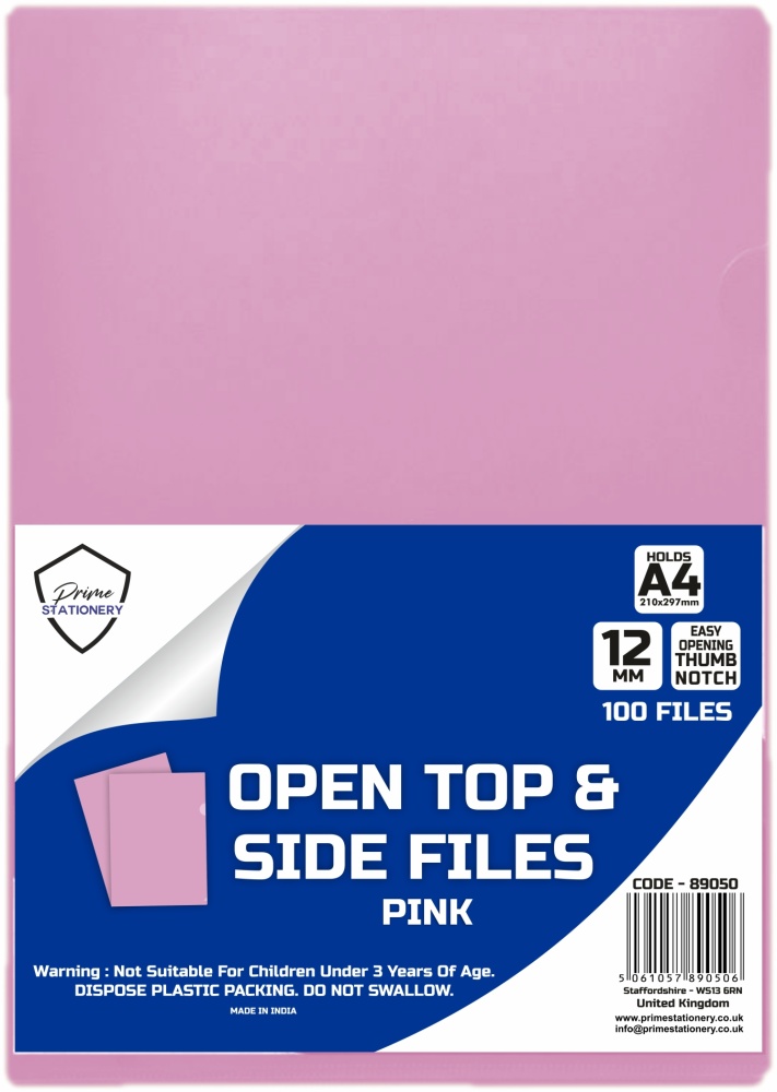 Prime A4 Open Top and Side Files Pink Pack of 100